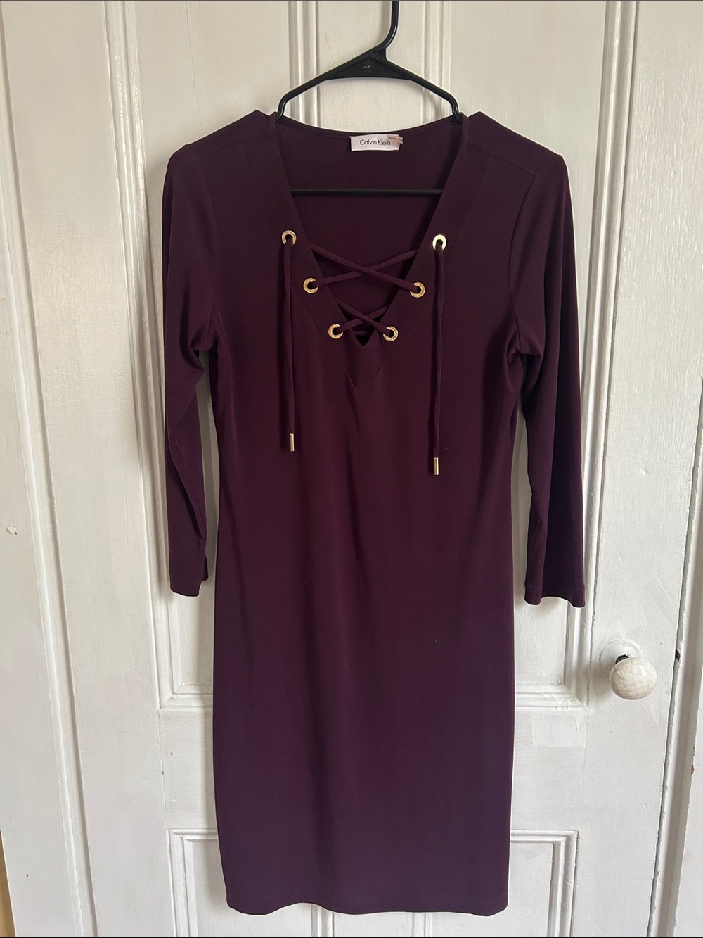 Calvin Klein Plum Lace-Up V-Neck Long Sleeve Dress